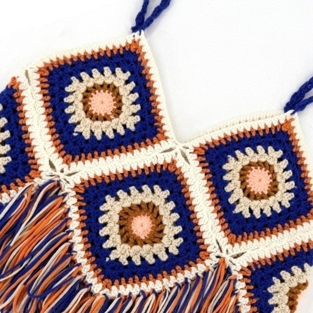 En‎ Creme Crochet Fringe Tank Top Boho Festival Granny Square S/M